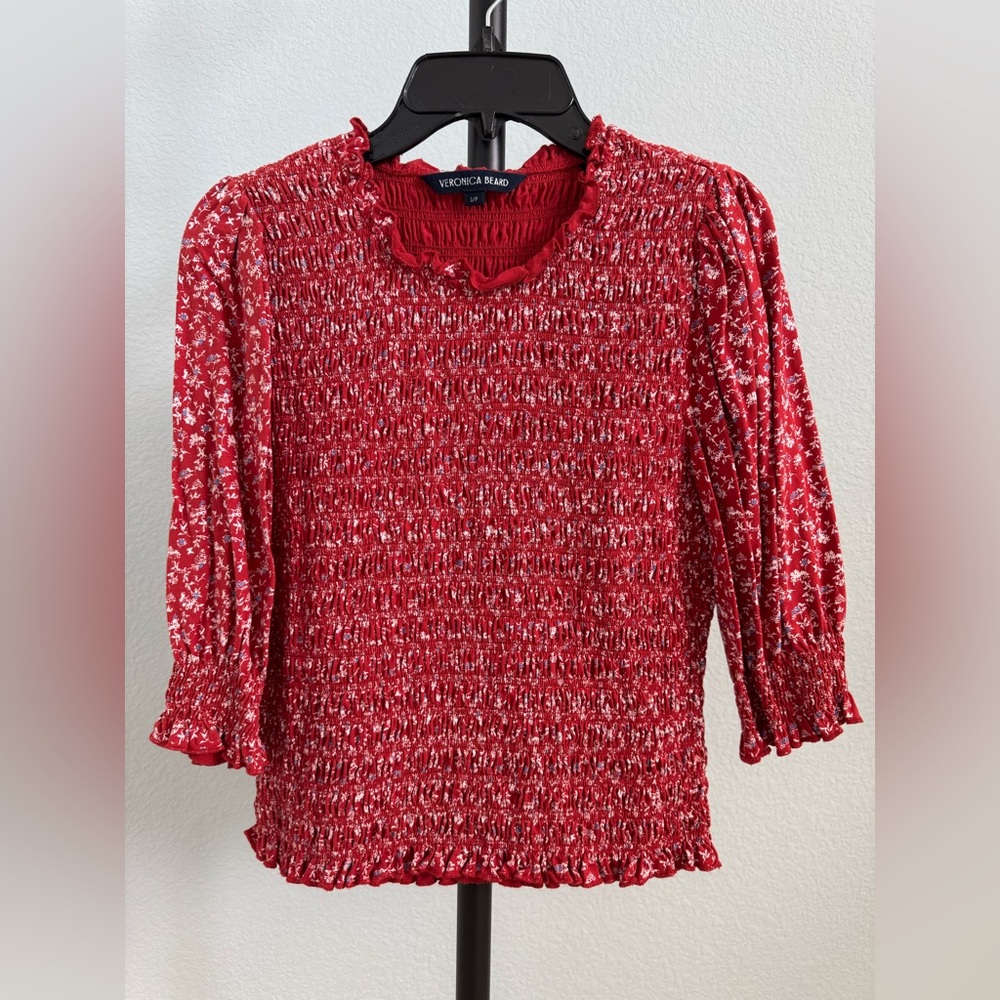 Veronica Beard Red Puff Sleeve Blouse with Peter Pan Collar